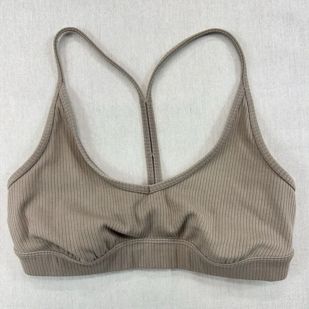ALO Yoga Beige Ribbed Blissful Athletic Sporty Workout Sports Bra Size S